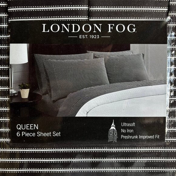 6-pc London Fog QUEEN SIZE Sheet Set BLACK w/WHITE PINSTRIPES (2 XTRA PC's) - Picture 3 of 4
